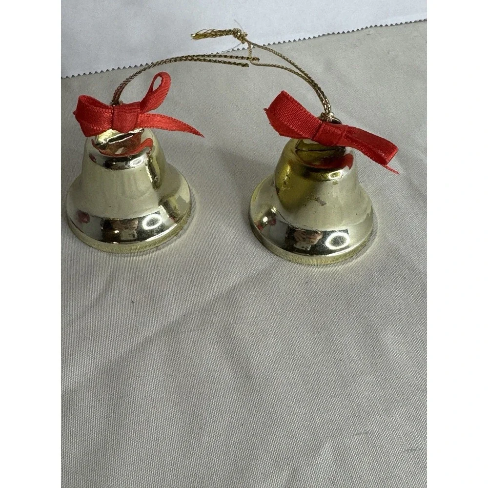 Vintage‎ Christmas Bell Lot Jingle Ornaments Gold Red Bow Taiwan Craft Decor